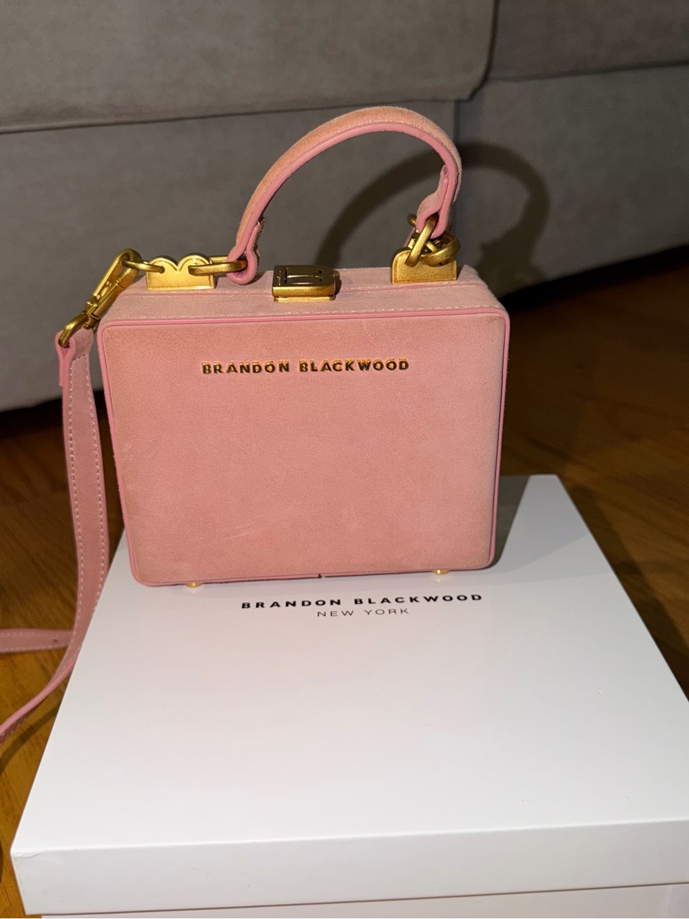 Brandon Blackwood Blush Pink Suede Mini Box Bag with Gold Hardware